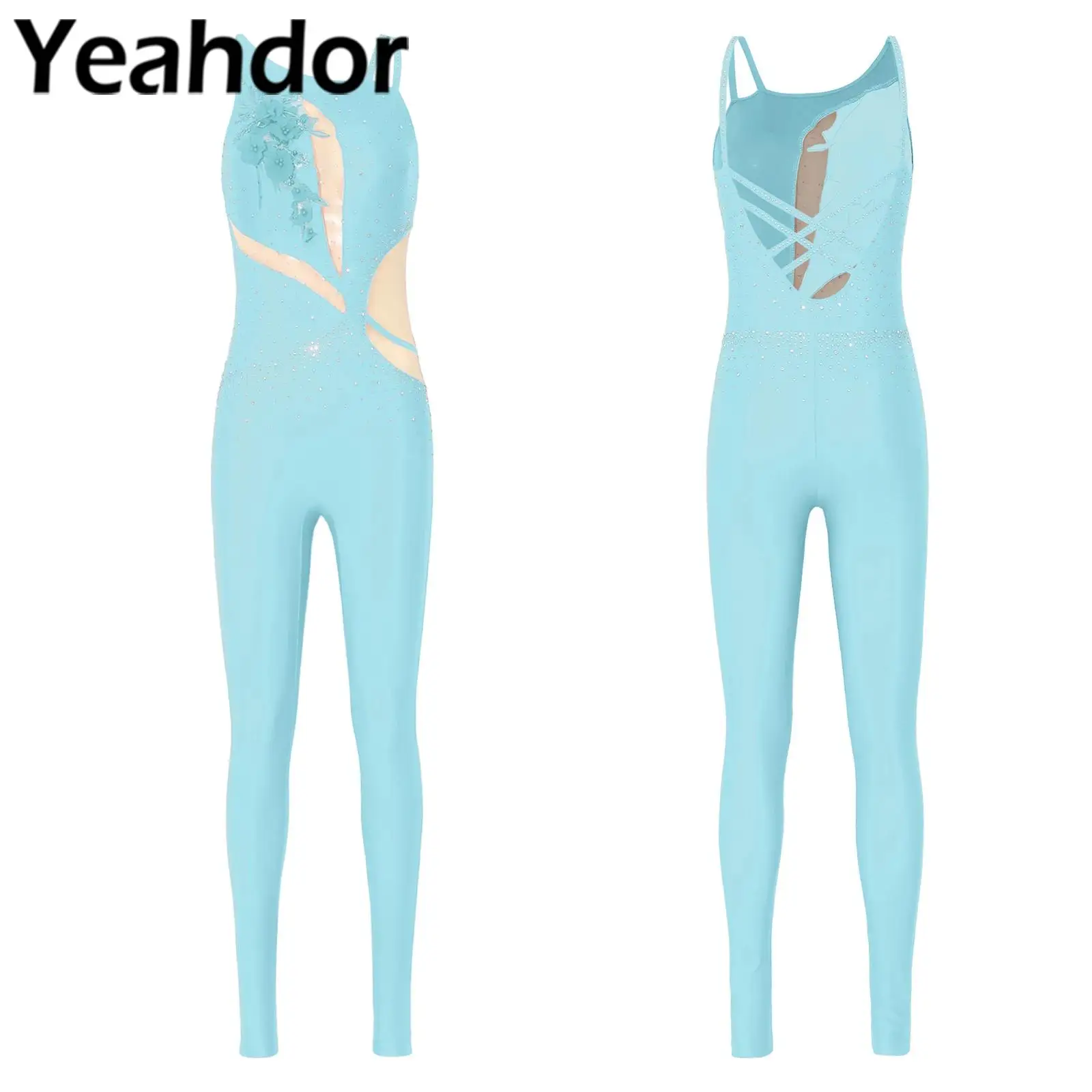 レディース体操ユニタードボディスーツ刺繍アップリケラインストーンレギンスパンツジャンプスーツダンス競技トレーニング用