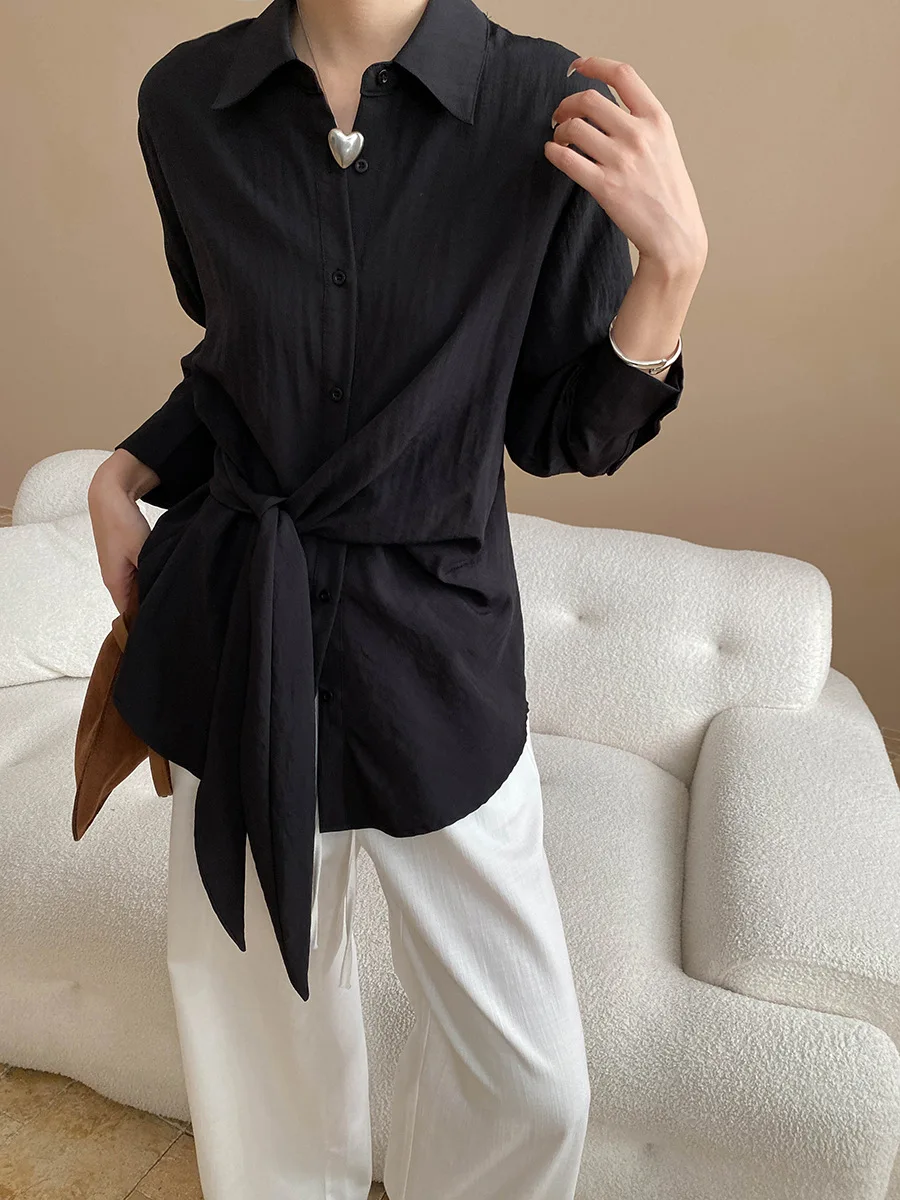 

Early Autumn New French Style Side Strap Waist for Skinny Look, Flip Collar Long Sleeve Shirt
