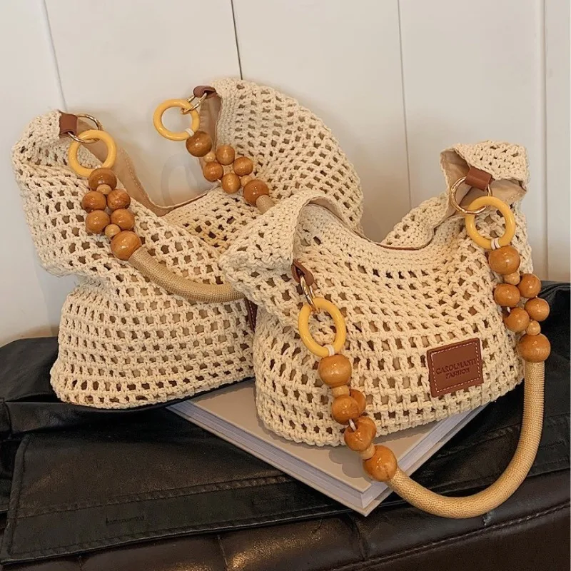

Hollow Knitted Shoulder Bags Women Woven Underarm Bag Beads Strap Handbag Women Large Capacity Shoulder Bag Vacation Beach Bags