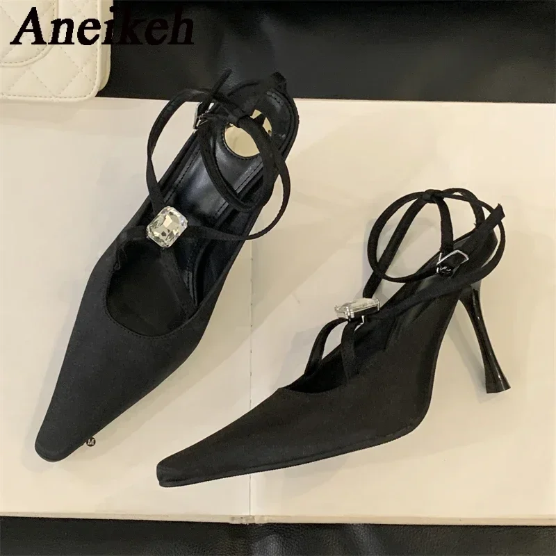 Aneikeh Sexy Pointed Toe Thin Heels Banquet Dress Party Prom Mule Ladies Shoes Spring Designer CRYSTAL Buckle Strap Pumps Women