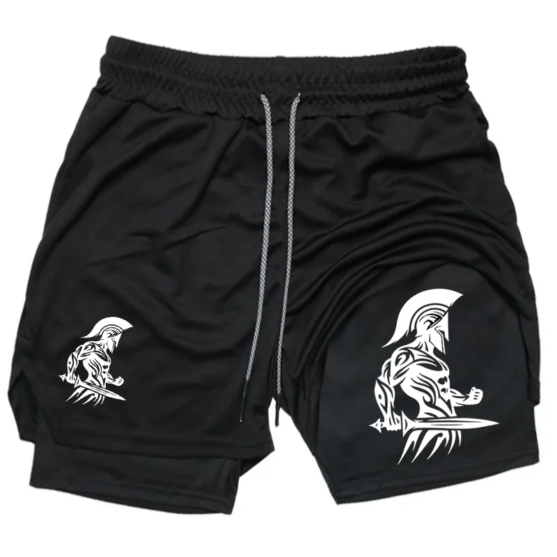 Warrior Print 2-in-1-Laufshorts für Herren, Gym-Workout-Kompressionsshorts mit Handytasche, Handtuchschlaufe, Sommersport