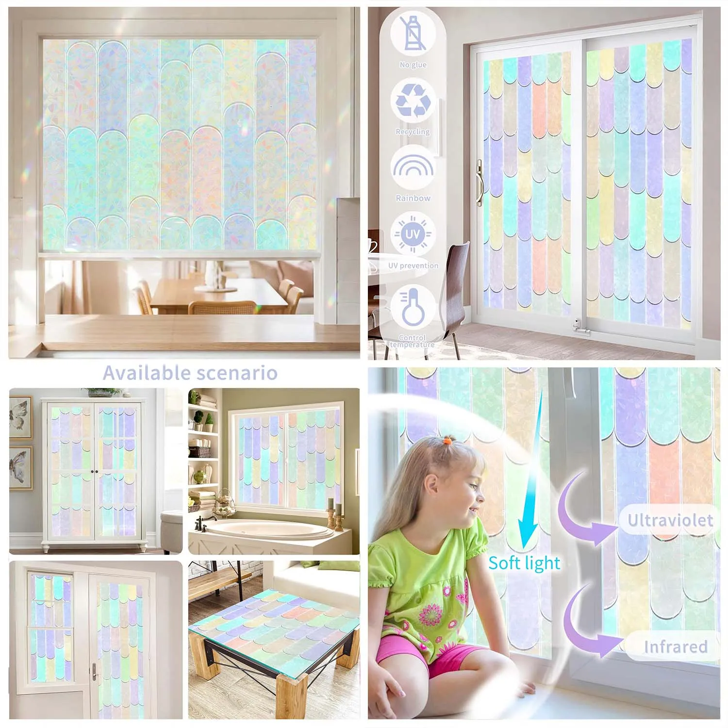 Stained Glass Privacy Window Film, Rainbow Colorful UV Block Decor Static Cling Glass Sticker for Rental Apartments Bedrooms