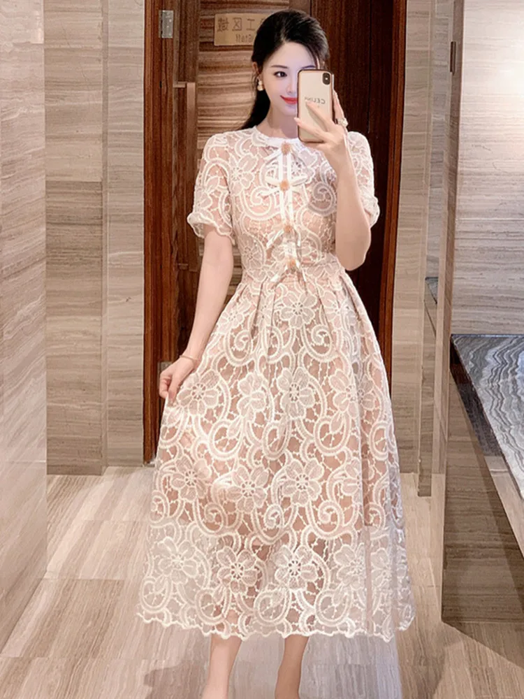 2024 Summer New Elegant O-neck Short Sleeve Lace White Dresses  Women Bow Beaded Hollow out Wedding Prom One Piece Dress Female