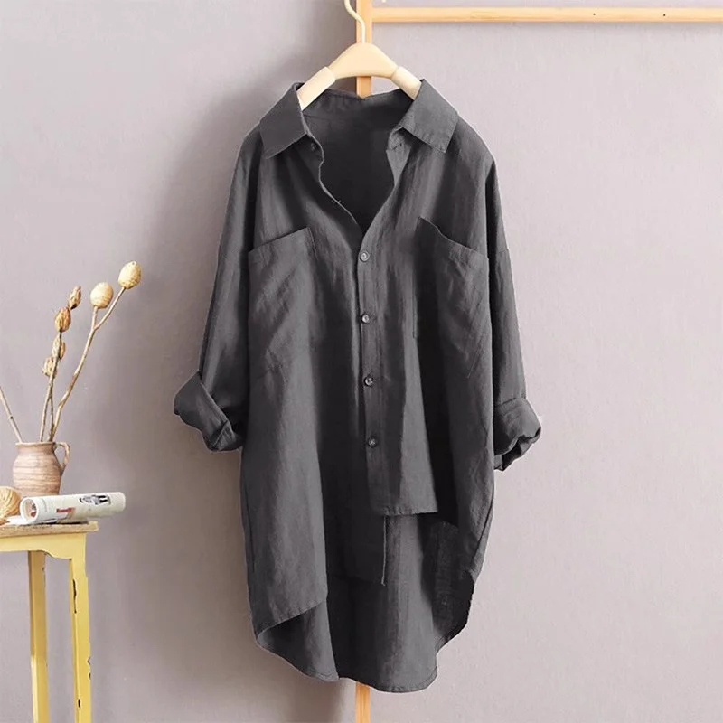 

2025 New Spring Autumn Women Midi Long Blouse Casual Loose Cotton Linen Blouses Female Long Sleeve Bigsize Shirts Blusas Tops
