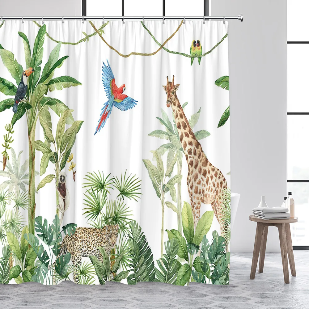 Tropical Palm Trees Plant Shower Curtains Parrot Giraffe Leopard Monstera Green Leaves Bathroom Curtain Polyester Home Decor Set