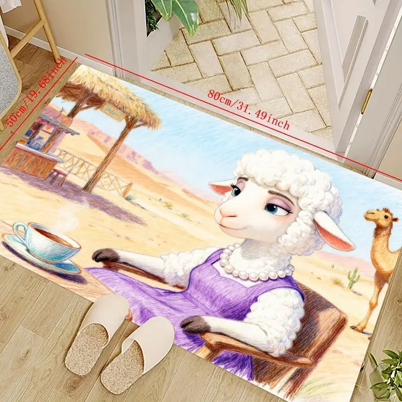 

1PC Cute Whimsical Elegant Sheep Desert Oasis Coffee Floor Mat, Non-Slip Washable Cartoon Animal Area Rug, Perfect for Living Ro