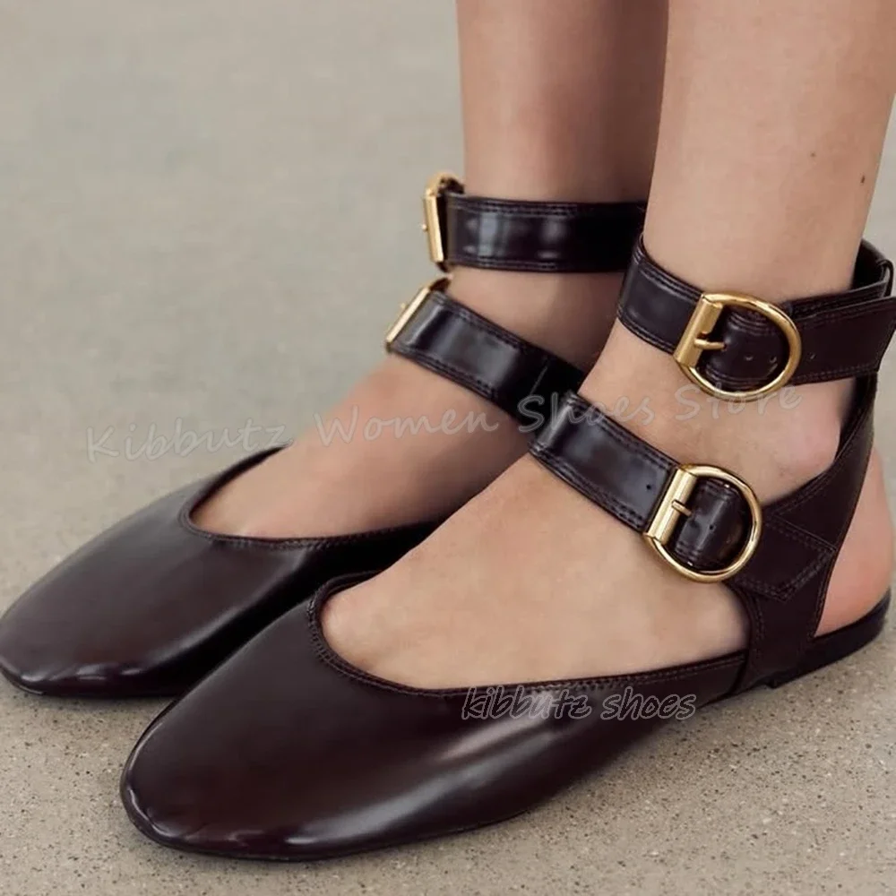 

Double Belt Buckle Pumps Leather Solid Color Fashion Concise Elegant Novelty Sexy Women Summer Shoes Newest Round Toe Flat with