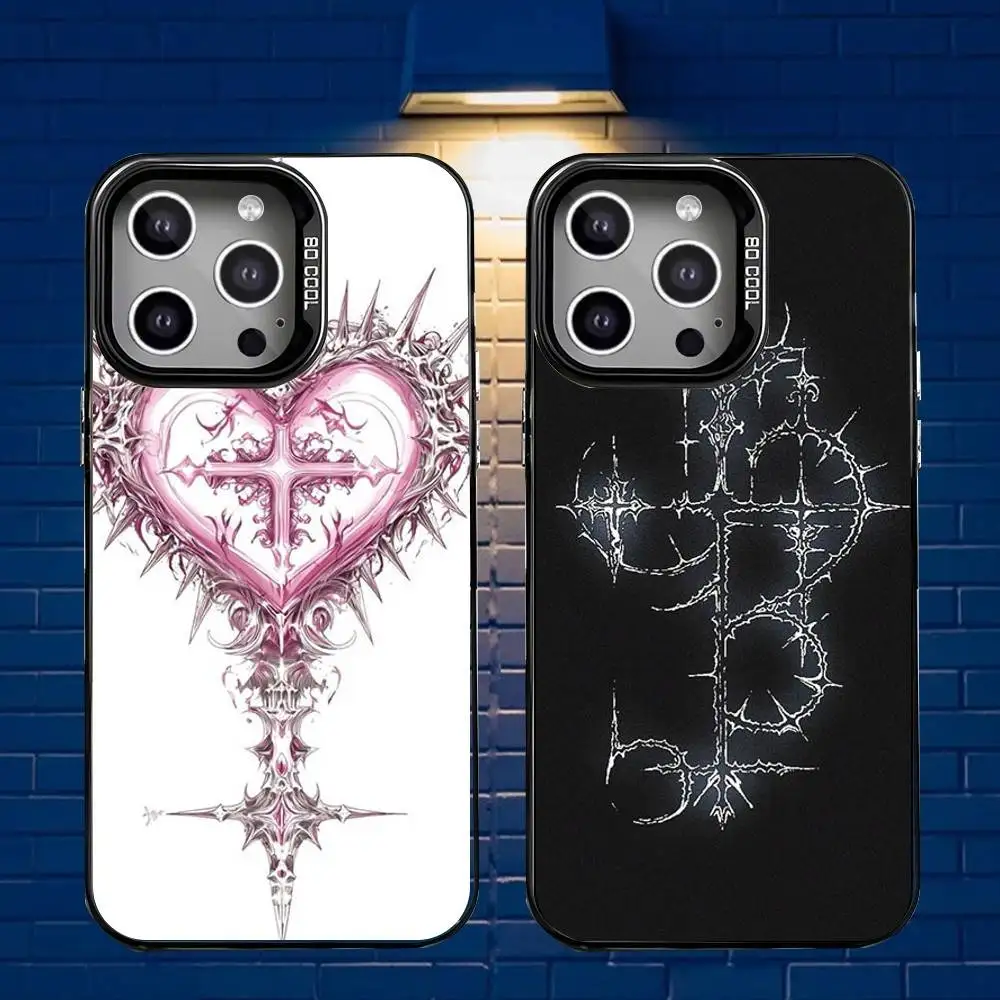 

Gothic Cyber Sigil Cross Phone Case For iPhone 16,15,14,13,12,11,Mini,Pro,E,MAX Gray Matte Silicone Black Cover
