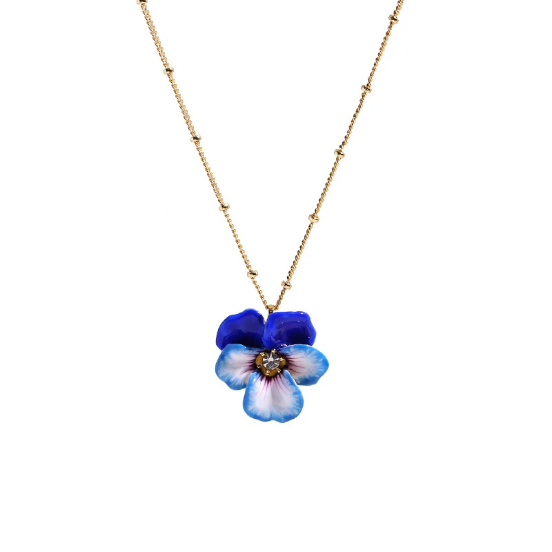 

Enamel Blue Tricolor Flower Choker Sweater Chain Pendant Necklace Fashion Jewelry Accessory