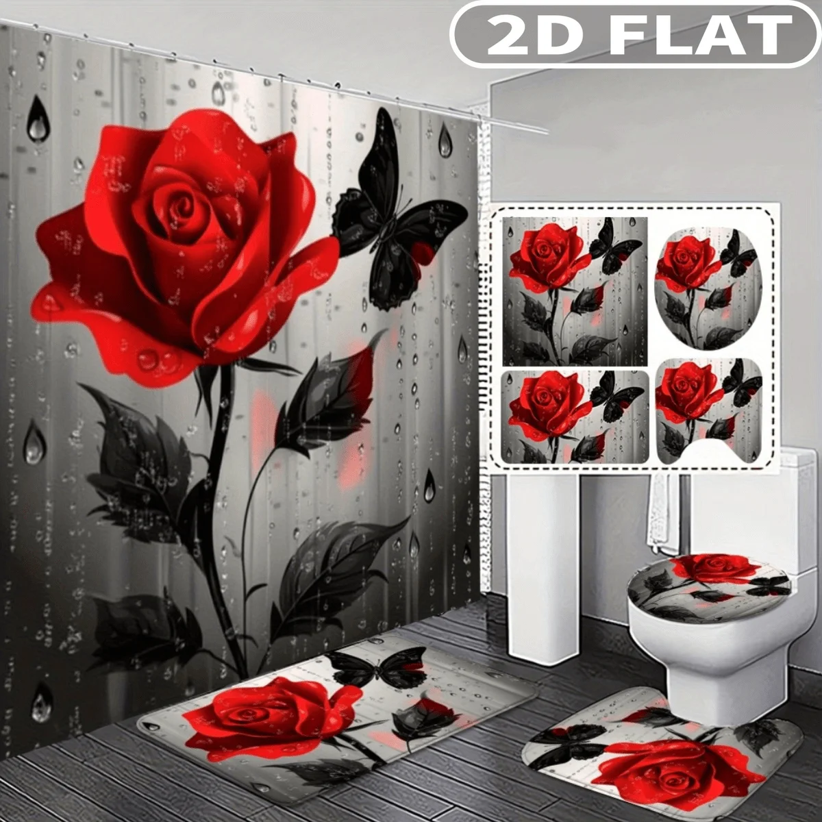 

4pcs 2D FLAT Red Rose Black Butterfly Pattern Shower Curtain Set, with 3pc Bath Mat and 1pc Curtains Perfect for Home Decor