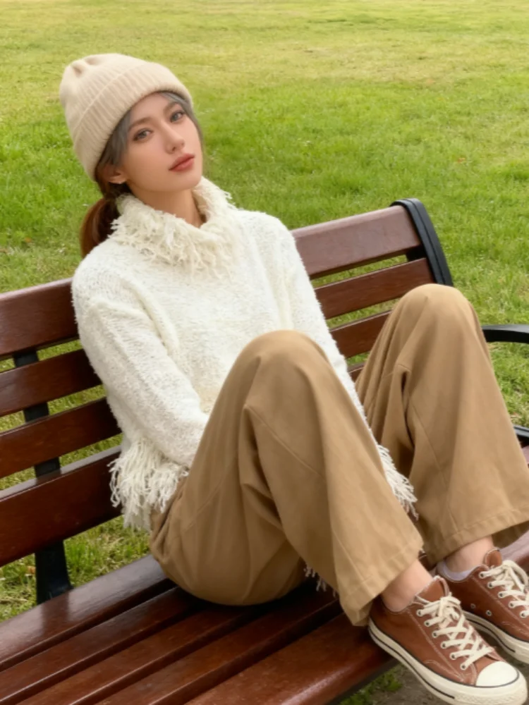 Chic Tassel Patchwork Knitted Sweater Women's Long Sleeve Round Collar Tops 2025 Autumn Winter New Y2K Lady Streetwear