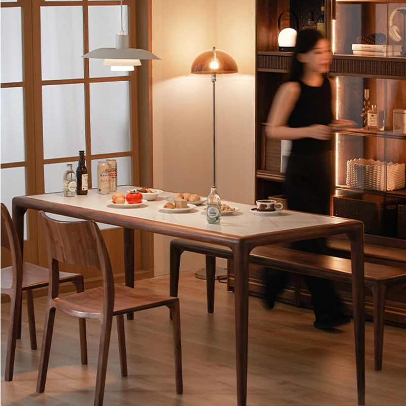 All solid wood rock slab dining table, black walnut dining table, household rectangular dining table and chair combination