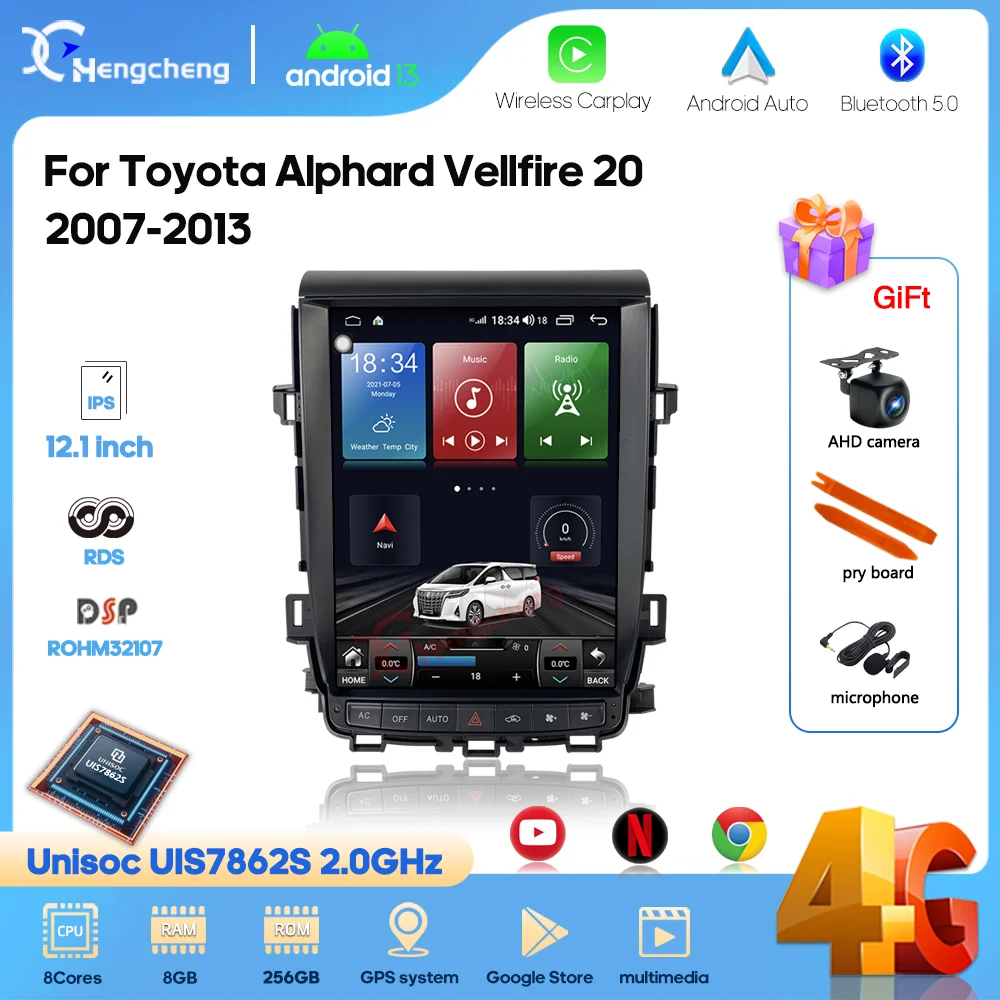 12.1inch For Toyota Alphard Vellfire  A20 2007-2013 Car Multimedia Player GPS Navigation stereo Radio Android13 Carplay 4G wifi