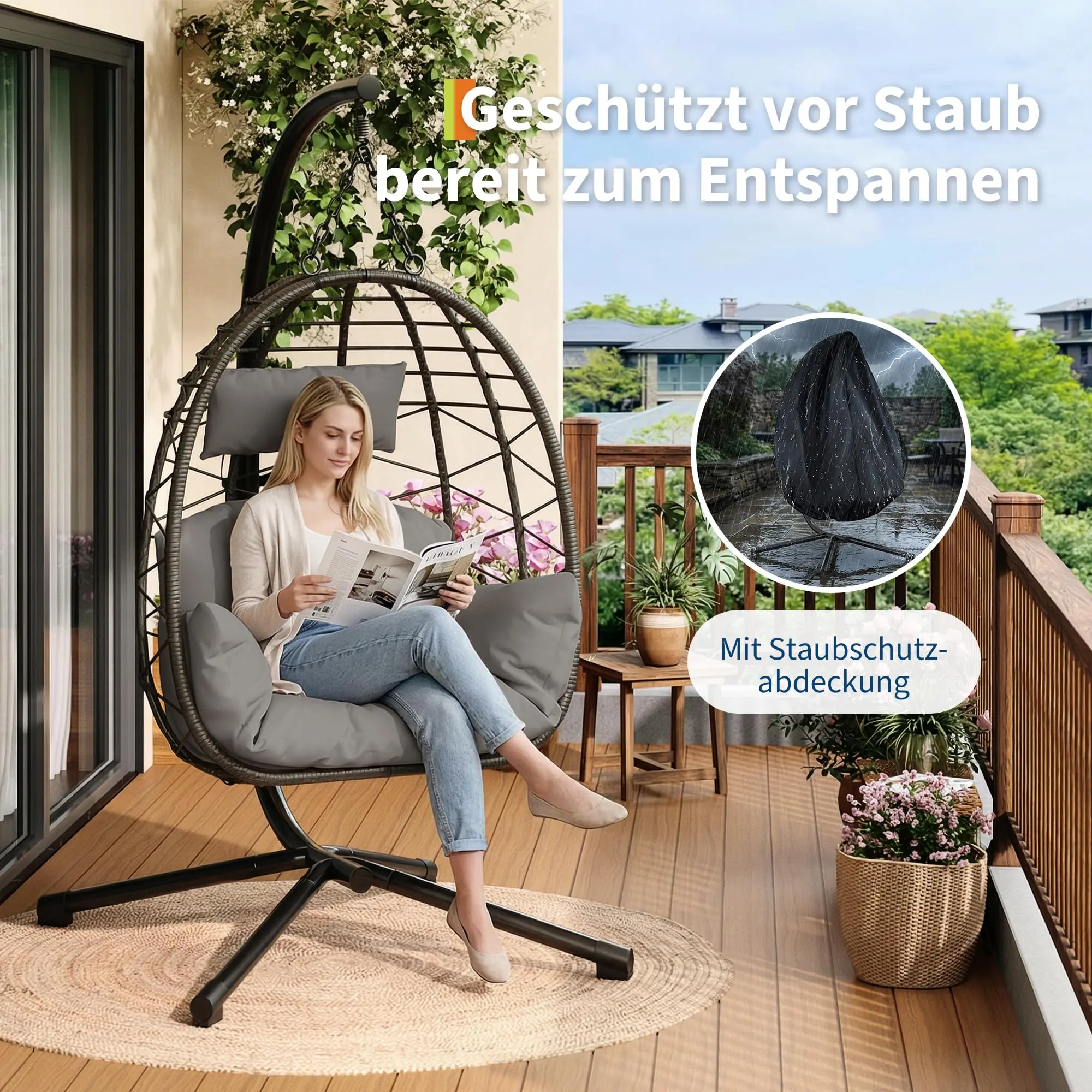 Fauteuil suspendu en forme d'œuf avec support, coussin imperméable et appui-tête, hamac lounge avec housse de protection contre la pluie pour intérieur, extérieur, jardin, patio, balcon