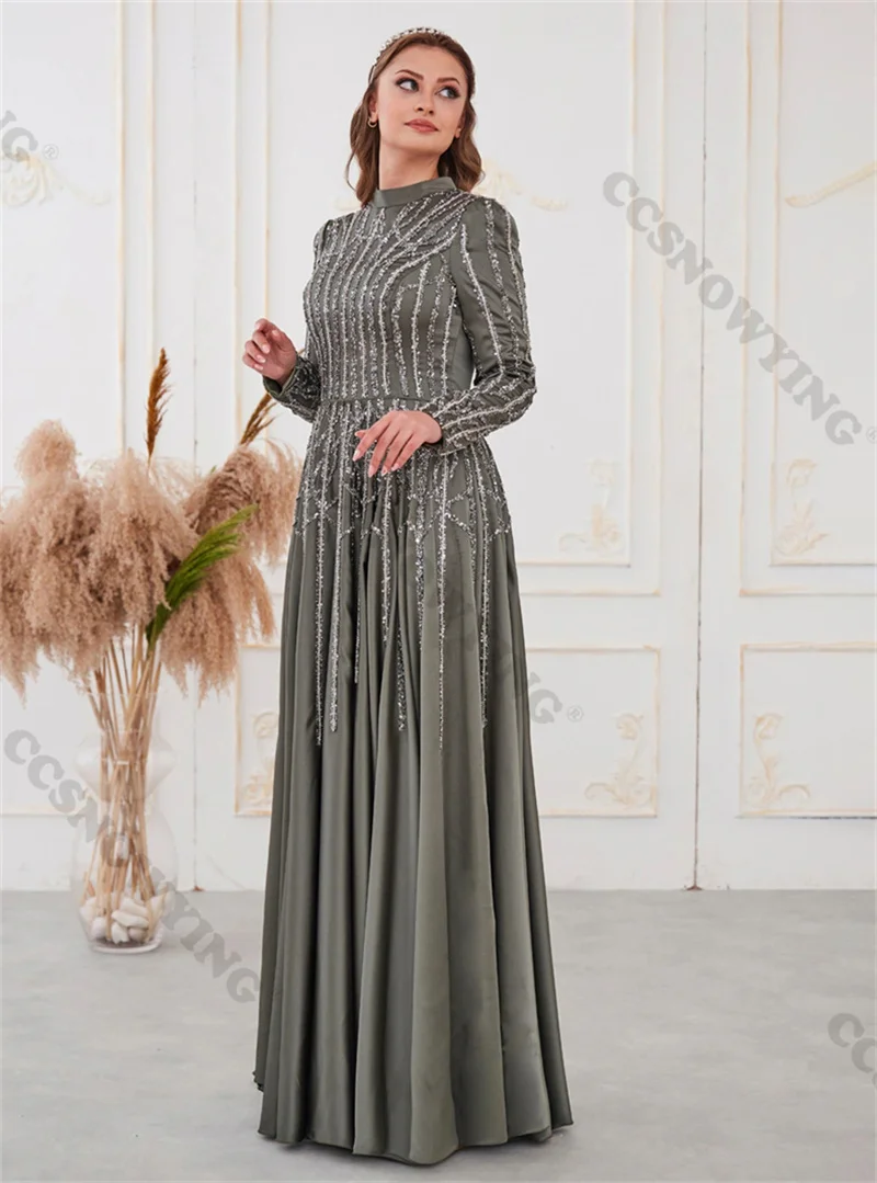 Luxury Appliques Beaded Muslim Evening Dresses Long Sleeve Islamic Formal Party Gowns High Neck Women Arabic Robes De Soirée