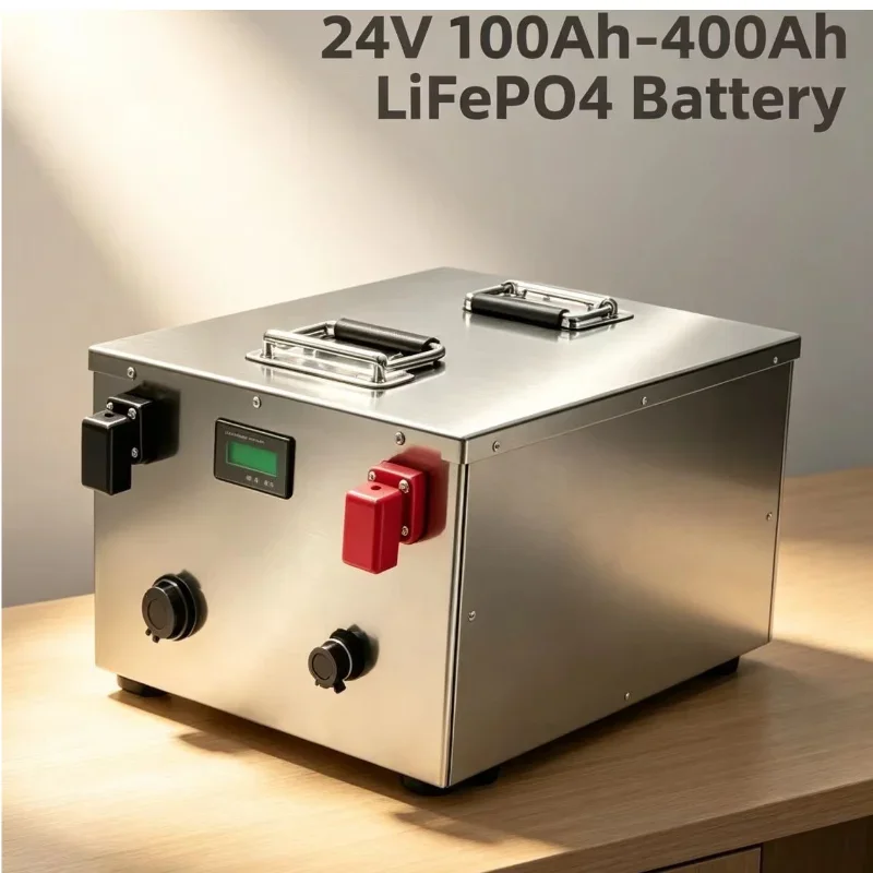 24V Stainless Steel LiFePO4 Battery 100Ah-400Ah, Integrated BMS & LCD Screen, Rechargeable Deep Cycle Power Pack for Solar Stora
