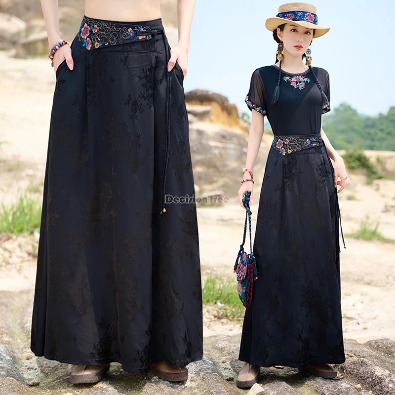 2024 summer women chinese national style new retro casual style jacquard embroidery a-line big swing loose long daily skirt t001