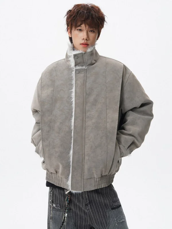 

Winter Thiened Loose Fit Cotton Jaet with Fur Collar Stand up Collar Youth Trendy Warm Polyester Fiber Zipper Closure