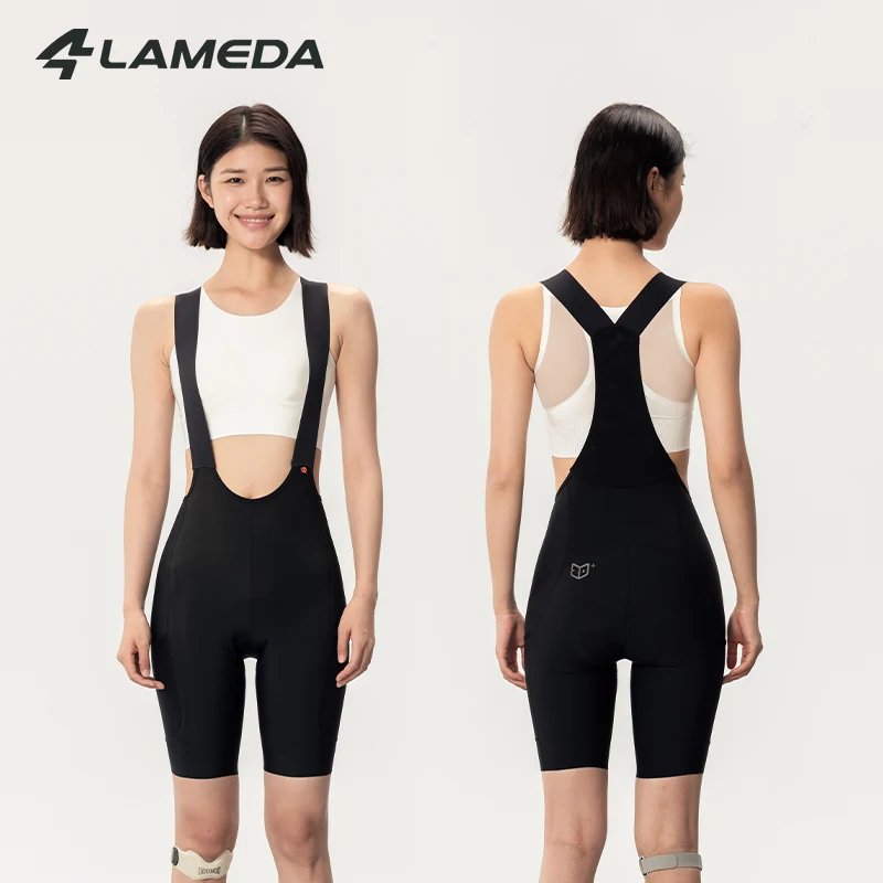 

LAMEDA Women Cycling Bib Shorts Shock-Absorption Padded Breathable Mesh Pocket Road MTB Bike Shorts Riding Biking Bib Shorts