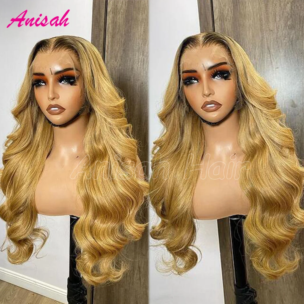 Ombre Honey Blonde Body Wave 13x4 Transparent Lace Frontal Wig Glueless Brazilian Blonde Lace Front Human Hair Wigs for Women