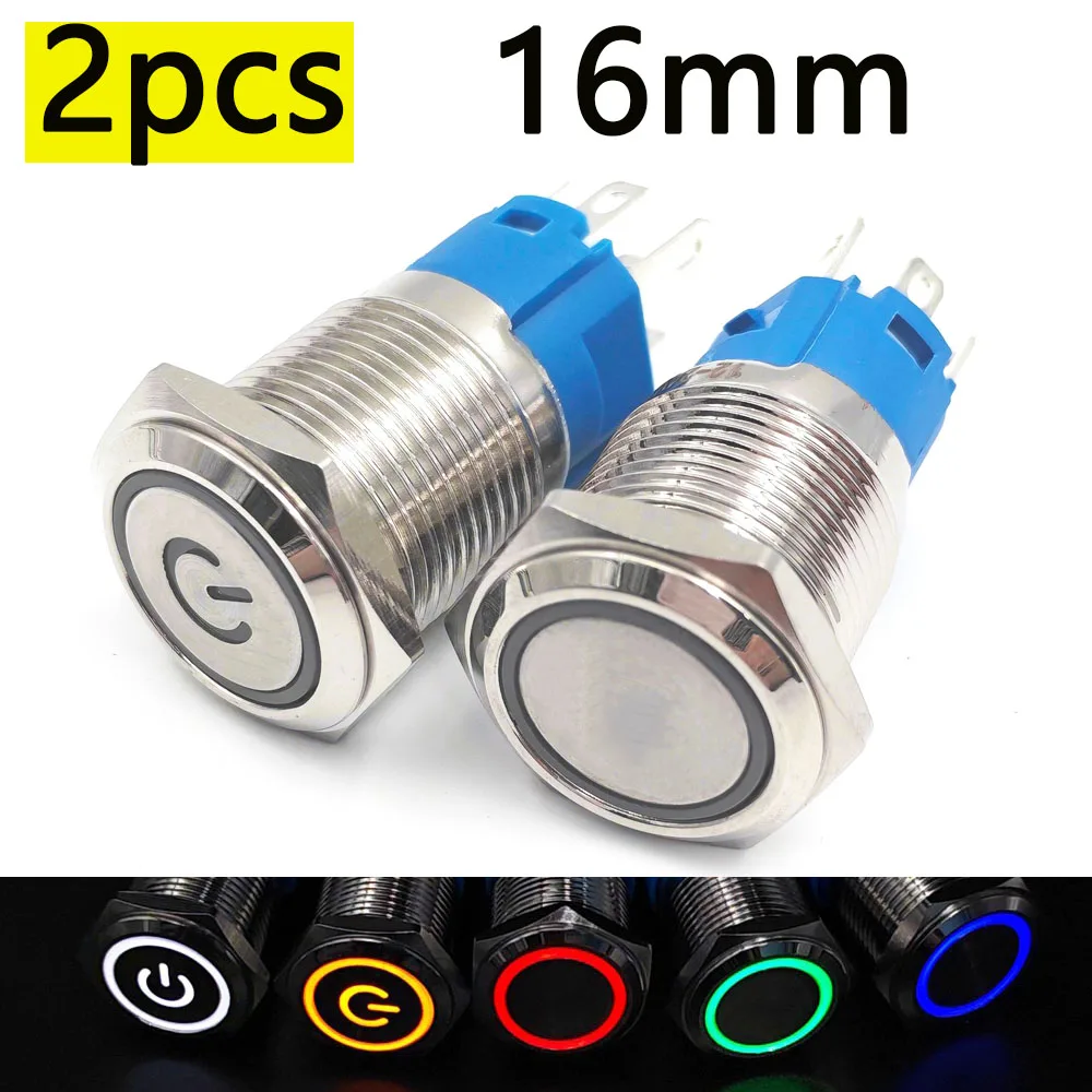 

2pcs 16mm 12V Power LED Light Metal Push Button Switch Waterproof ON OFF Momentary Latching 5V 6V 2V 24V 220V Red Green Blue ﻿