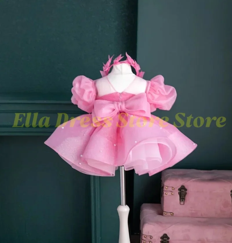 Großhandel Maßgefertigte Rosa Blumenmädchenkleider für Hochzeiten, Kurze Ärmel mit Schleife und Perlen, Kinder Geburtstagsfeier Erstkommunionkleid – Detail 1