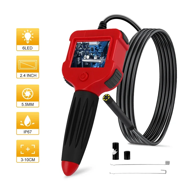 Borescope Digital kamera endoskopi layar LCD 2.4 inci warna kamera 5.5MM kamera IP67 tahan air kamera ular semi-kaku dengan 6 LED