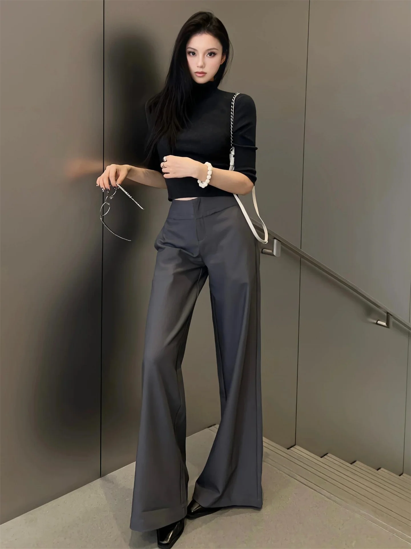 

High Waist Wide Leg Grey Suit Pants for Taller Women Spring Loose Drapey Slimming Design Casual Pants Vintage Style