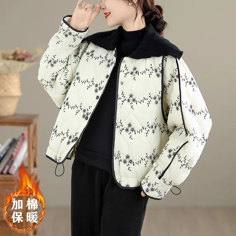 2025 الشتاء الرجعية الأزهار متماسكة التلبيب سترة قطن فضفاضة للنساء ملابس خارجية دافئة غير رسمية معطف قمة الموضة الأنيقة W1608 #1