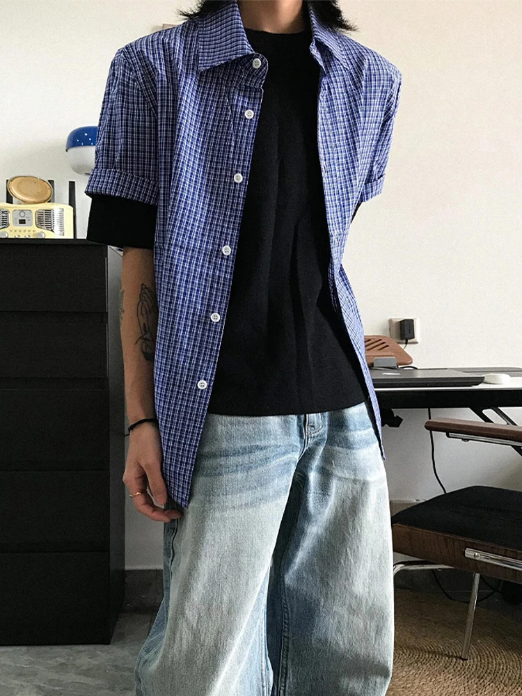 

Blue Plaid ort Sve Men's irt Summer Trendy American Cheered Cleanfit Jaet Turn-down Collar Casual Youth Faion