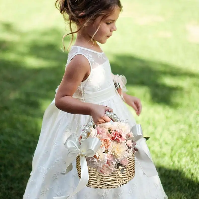 Wicker Rattan Flower Girl Basket, Artificial Silk Rose Petals Basket With Cute Pearl Handle Bowknot, Wicker Petals Basket