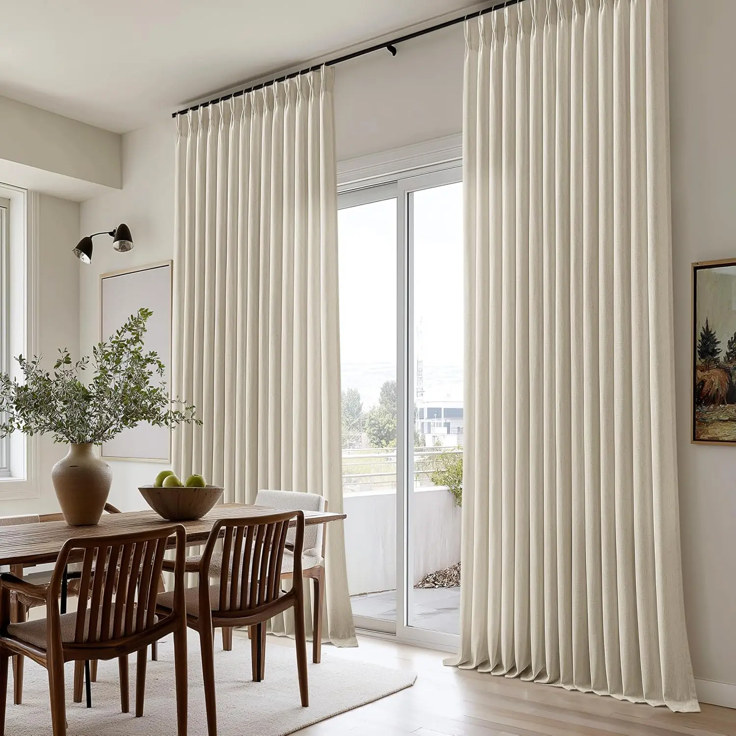 

Beige Pinch Pleated Linen Curtains 120 Inch Length 2 Panels Set for Living Room Bedroom Light Filtering Semi Sheer Window Drapes