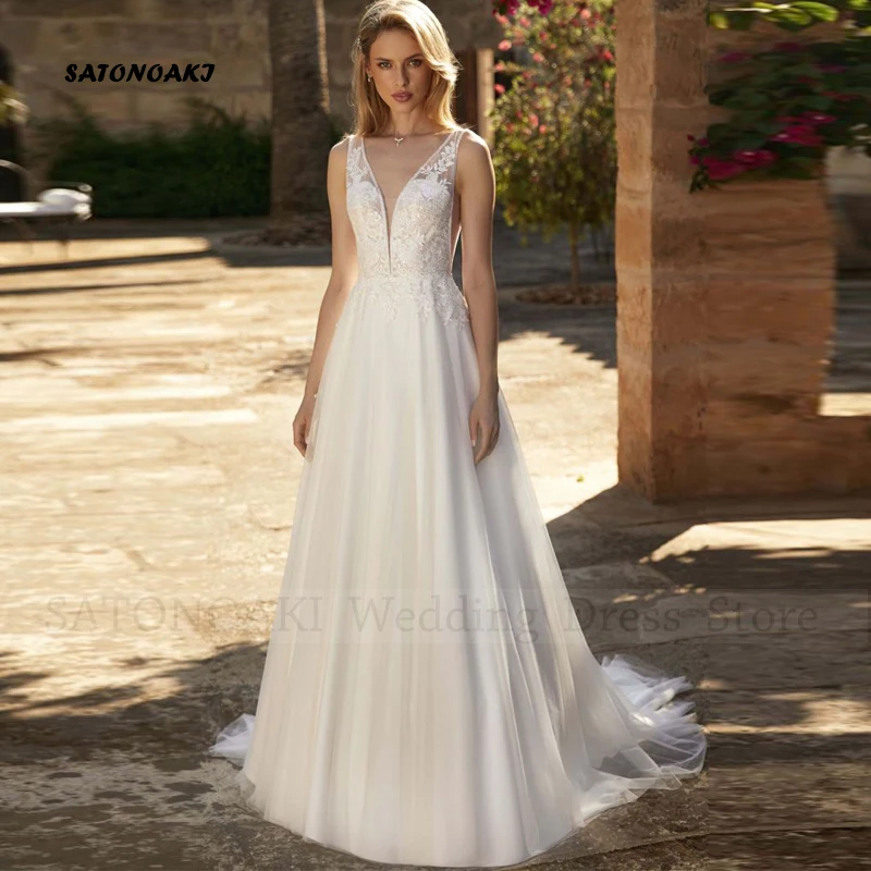 

Elegant Boho V-Neck Lace Wedding Dresses for Women A-Line Sweep Train Backless Appliques Bride Gown Vestidos De Novia Custom