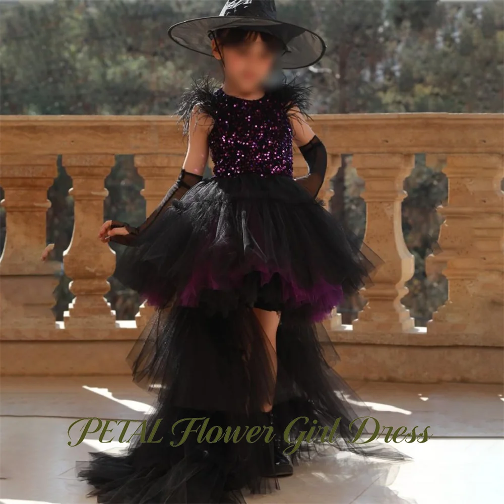 Petal High Low Children Birthday Wedding Dresses Feather Trim First Communion Gown Round Neck Girls Princess Dress Customized