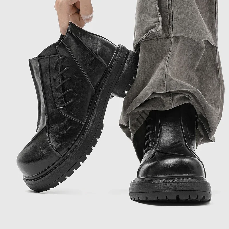 

Autumn Winter Mens Ankle Boots Genuine Leather Platform Chelsea Boots Street Style Male Motorcycle Boots