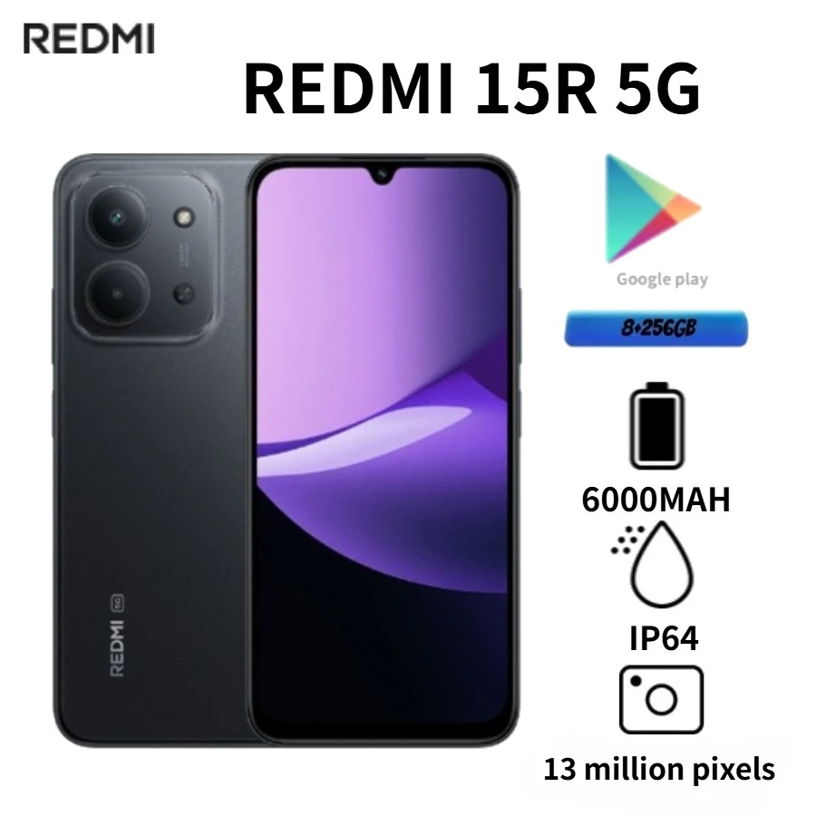 The latest 2026 Redmi 15R 5G smartphone, featuring a 6.9-inch 120Hz eye-care LCD screen, a high-capacity 6000mAh battery, 33W fa