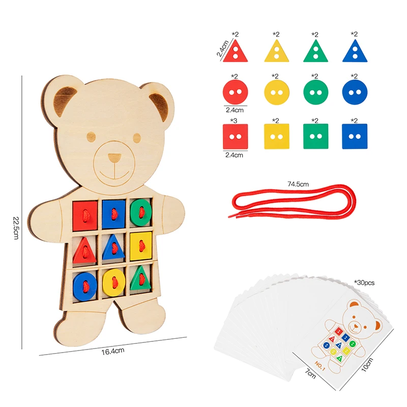 Bärenförmiges Knopfffädelspielzeug aus Holz – Montessori-pädagogisches Form- und Farbabstimmungsspiel für Feinmotorik für Kleinkinder