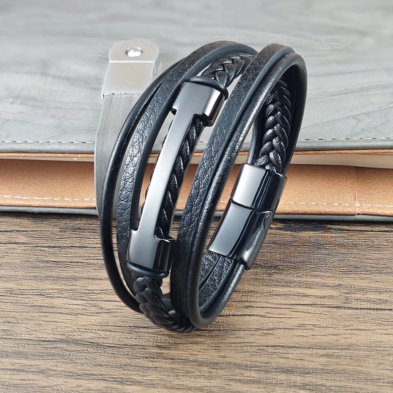 

5-layer Stainless Steel I-shaped Men's Leather Bracelet Two Tone Handmade Weaving DIY Daily Wear Accessories Gift Dropshipping