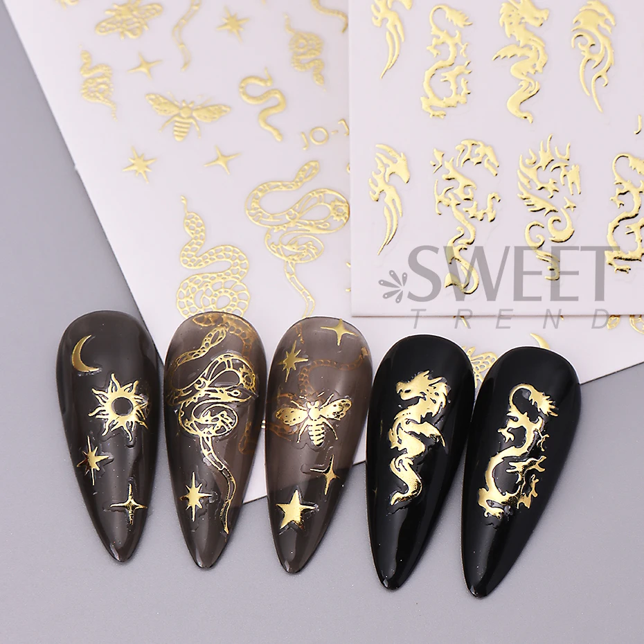 3D Gold Snake Nail Stickers Metallic Holografische Kleurrijke Snake Zelfklevende Sliders Voor DIY Nail Art Decoratie Winter Decals Folie