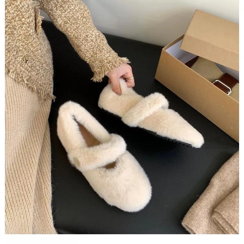 Fairy White Furry Mary Janes Women Warm Mink Fur Shoes Winter Cotton Lined Flats Slip on Ballerinas Ladies Barefoot Wool Loafers view 6