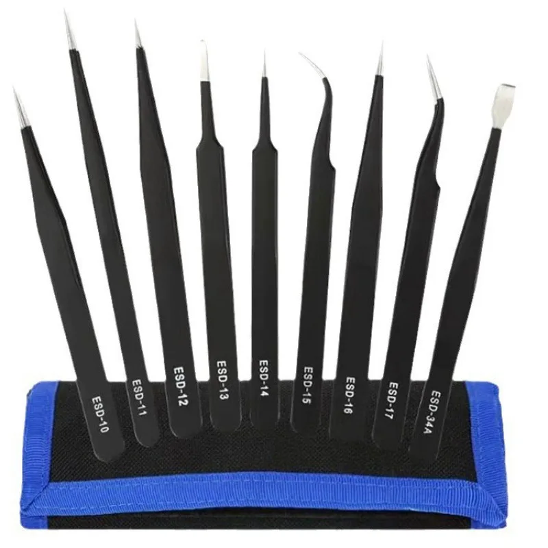 9 Pcs Precision Tweezers Set, Stainless Steel ESD Curved of Tweezers for Electronics, Craft, Laboratory Work, Jewelry-Making