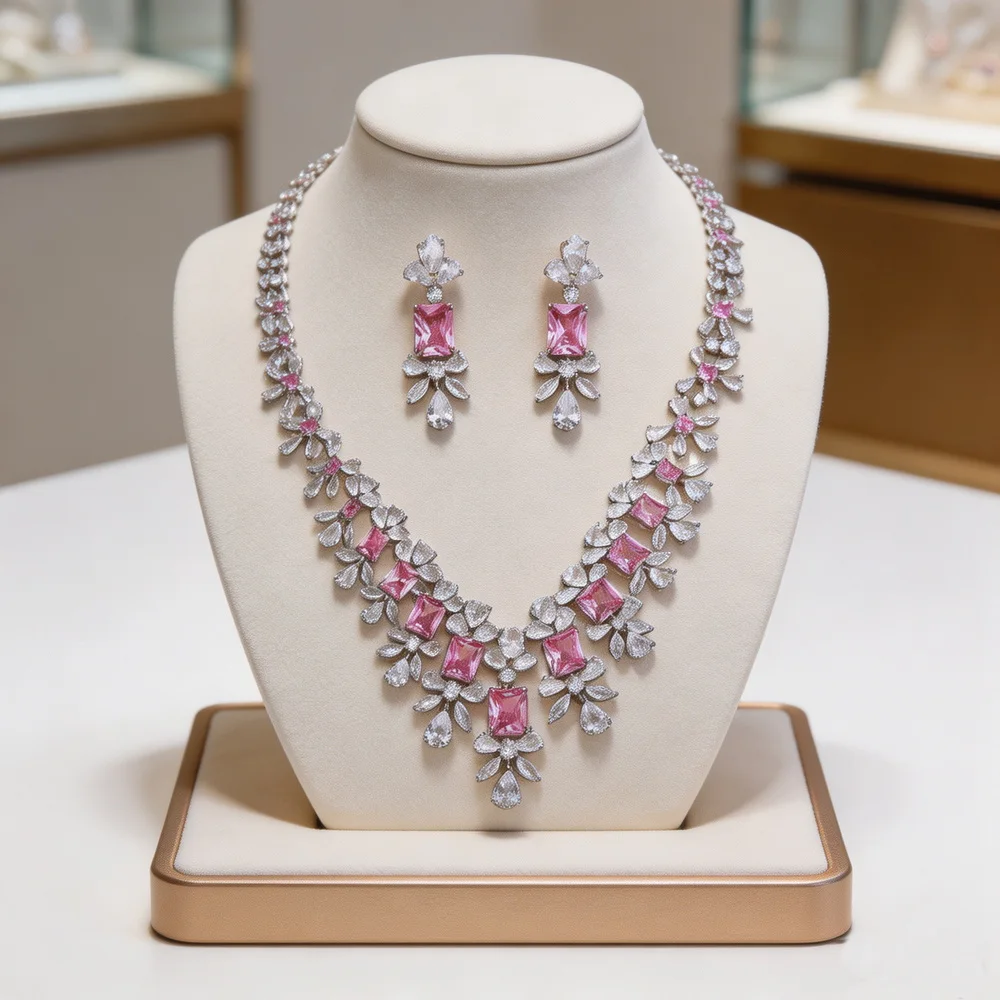Vintage Fashion Style Earrings Necklace Women Lady Inlay Yellow Pink Square Cubic Zircon Tassels Pendant Party Jewelry Sets