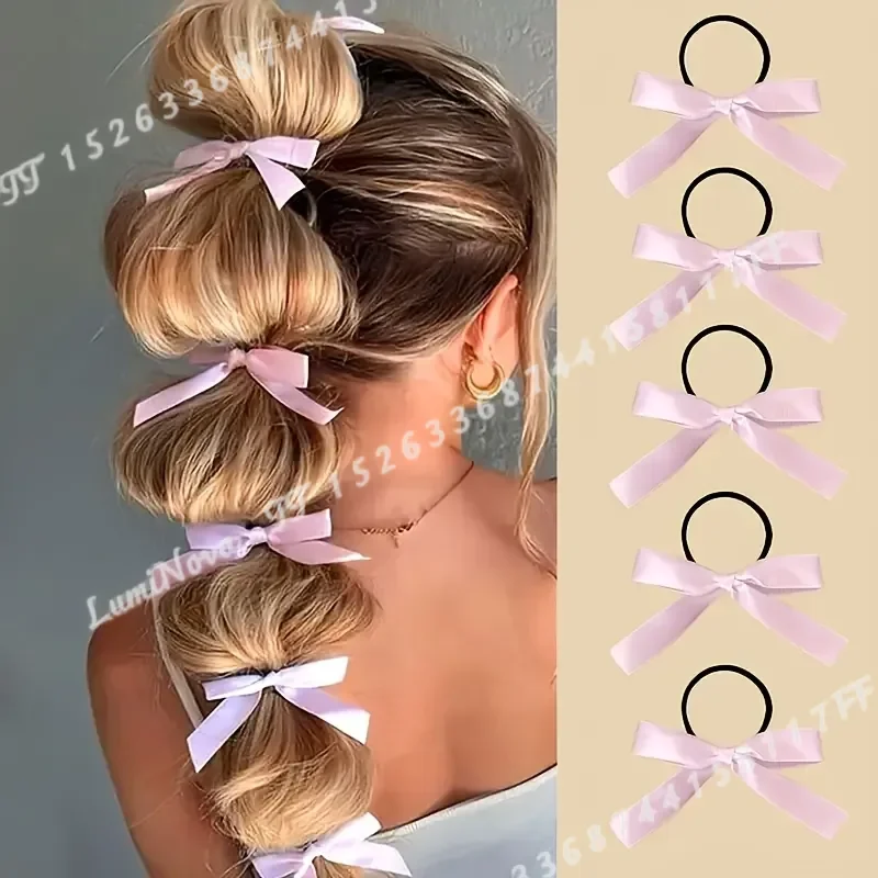 10pcs Women Pink Ribbon Bow Hair Ties Elastic Hair Bands Ponytail Holders Cute Bowknot Scrunchies Hair Accessories for Girls