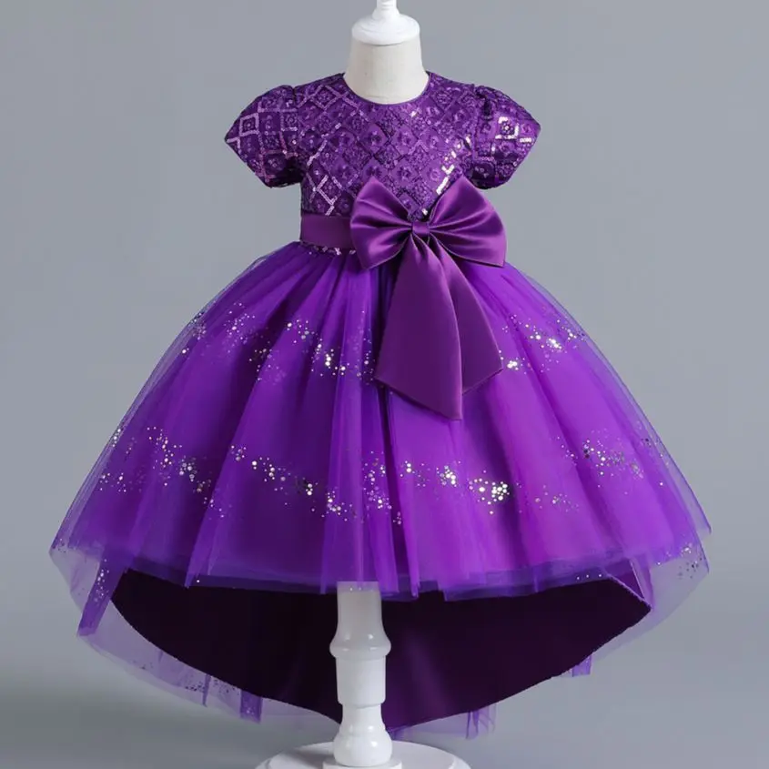 

Halloween Purple Dress for Girls Children Elegant Evening Wedding Costume Kid Sequined Tailing Bow Mesh Long Party Clothes 4-12Y