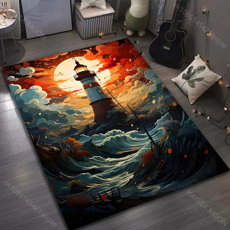 1PC Lighthouse and stormy sea Pattern Rug Carpets for Bedroom Living Room Sofa Mat Creative Door Mat Cloakroom Home Decor
