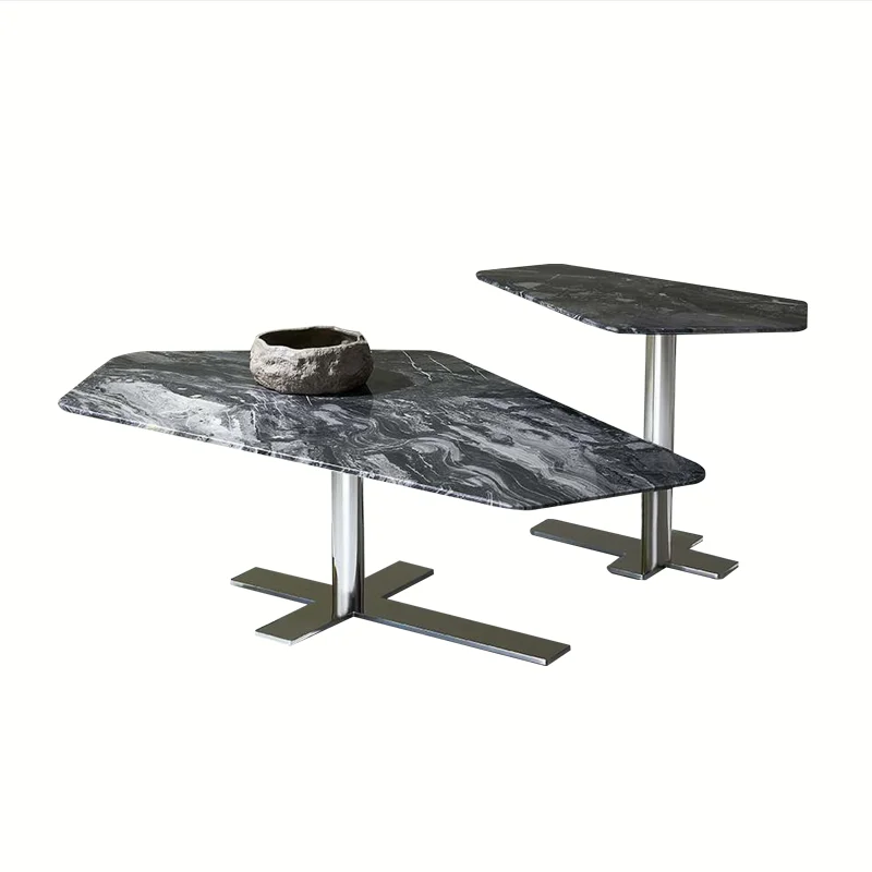 

Italian Designer Coffee Table Brown Marble Top Luxury Minimalist Side Table Special-Shape Combination High-End Metal