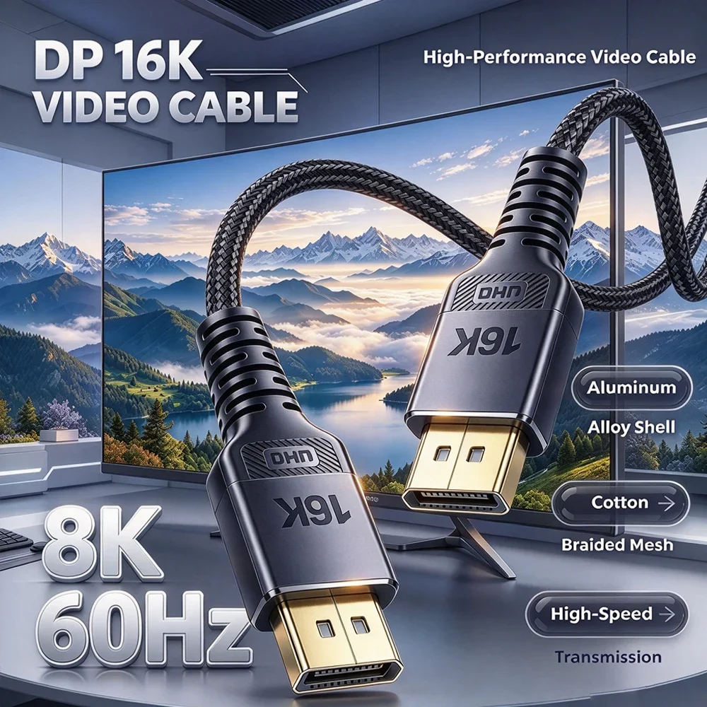 DisplayPort Cable 16K@60Hz 8K@120Hz, High Speed DP Cable Display Port Video Audio Cord for Gaming Monitor PC Laptop