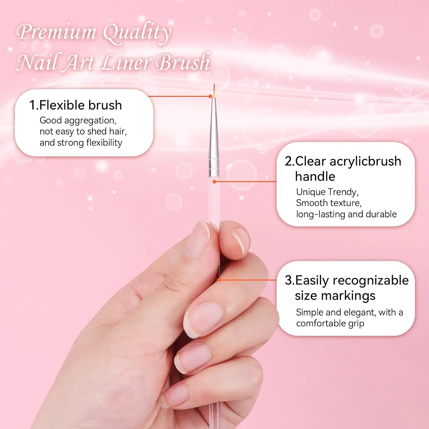 5PCS Nail Art Liner Brushes Set 6/9/12/18/24mm Fine Drawing Thin Lines for Gel Polish Transparent Handle Home Salon DIY
