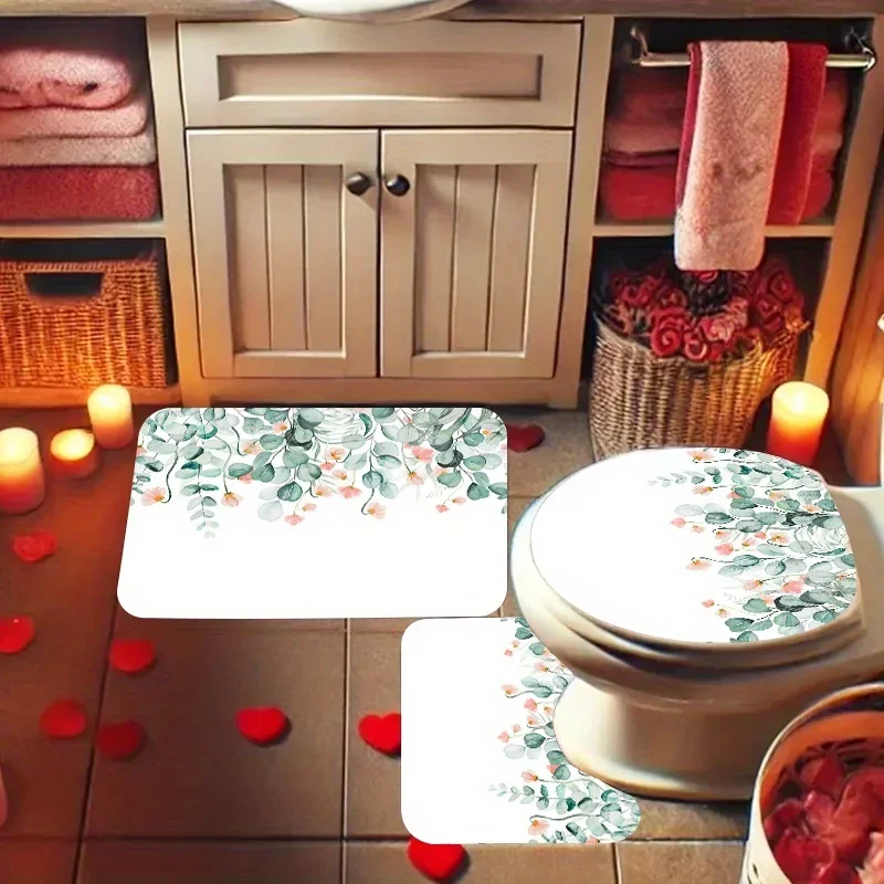 Il set da bagno da 4 pezzi con stampa floreale verde fresco include una tenda da doccia, un tappetino antiscivolo, un copriwater, un tappetino a forma di U