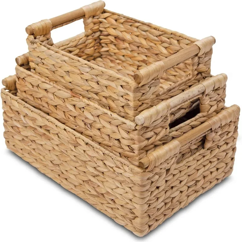 

Hyacinth Wicker Basket Set 3 size - Rectangular, Wooden Handles, Shelf Organizer, Natural Bins